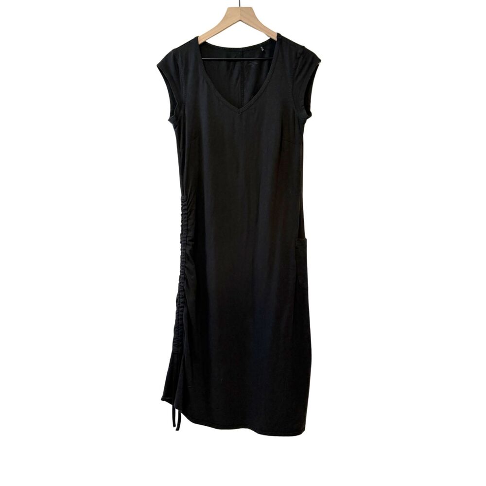 Toad&Co Black Muse Dress Cap Sleeve Ruched Side V Neck Organic Cotton Blend Sz M